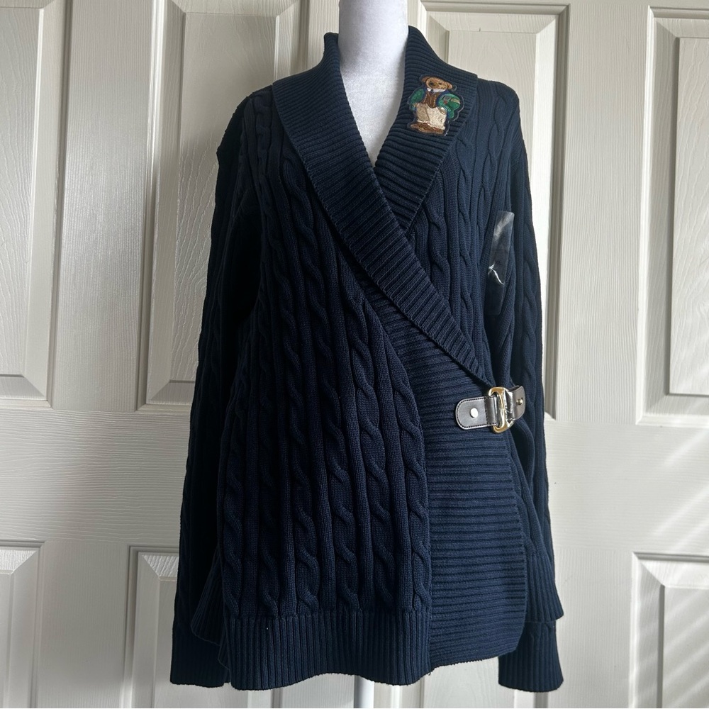 NWT Ralph Lauren Bear Knit Cable Wrap Sweater blue size XL